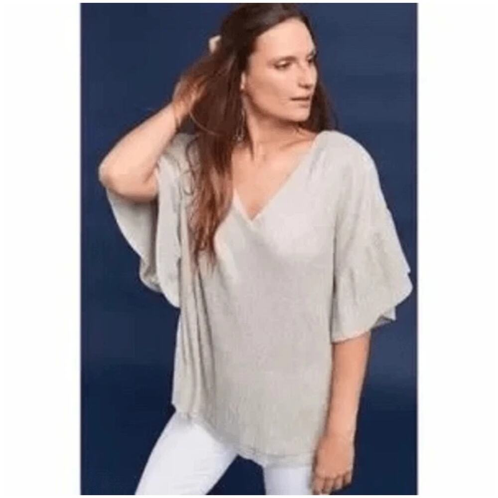Anthropologie Vanessa Virginia Silver Metallic Flowy Blouse Women's XSP Flutter‎